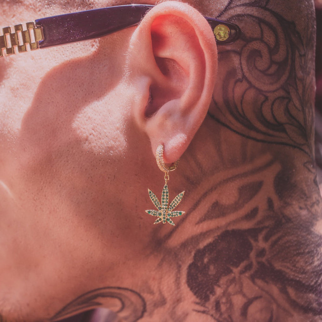 Sterling Silver / 14K Vermeil / 1.3" Emerald Cannabis Leaf Hanging Earrings