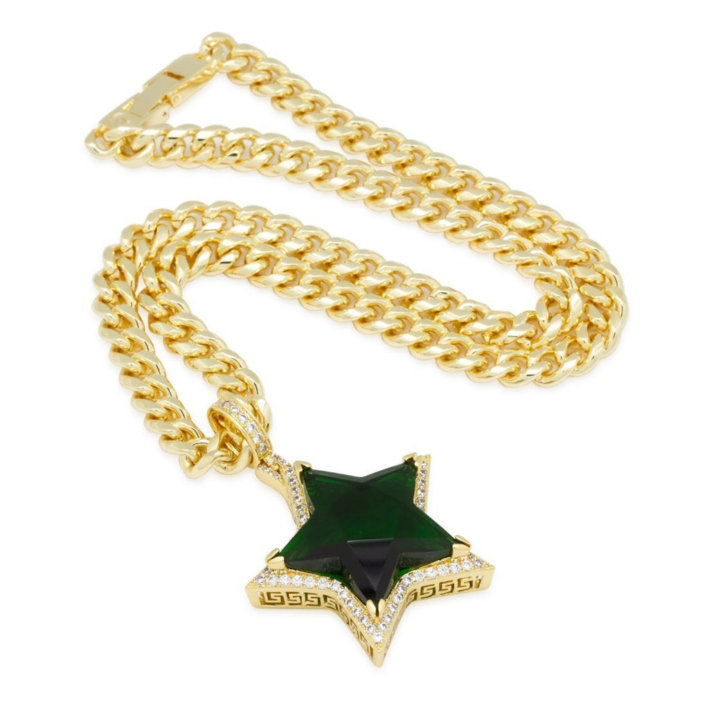 14K Gold / M Emerald Star Necklace NKX14216-Green