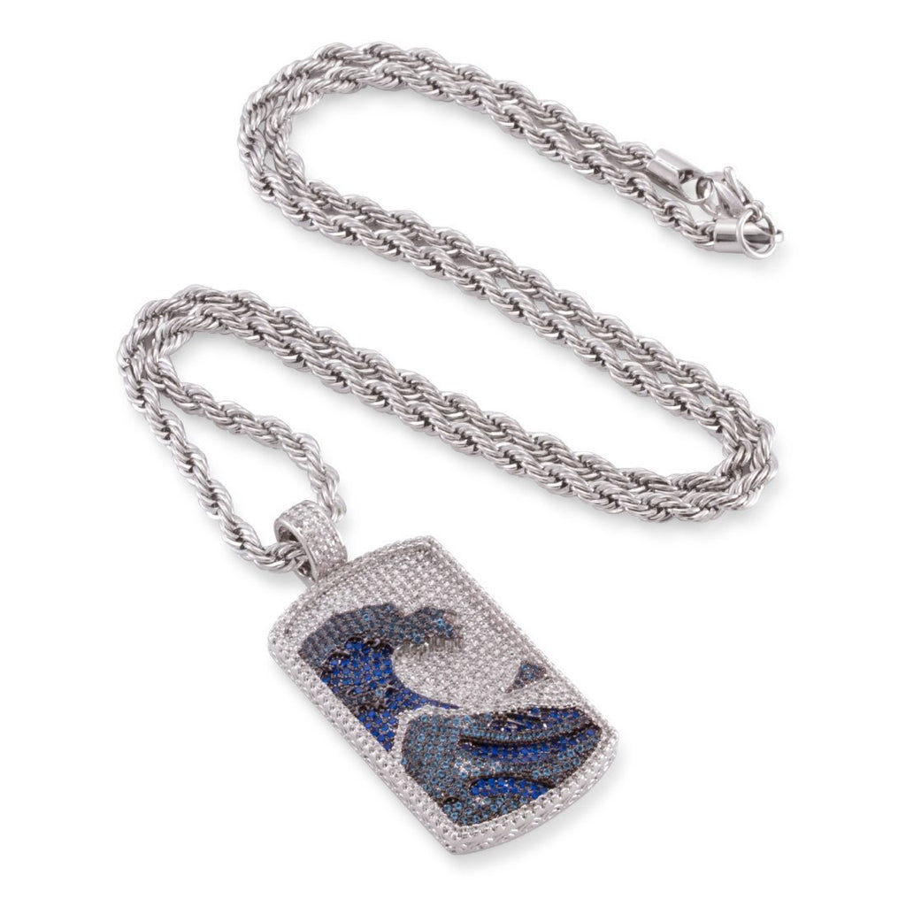 White Gold / M Great Wave Dog Tag Necklace NKX12842-Silver