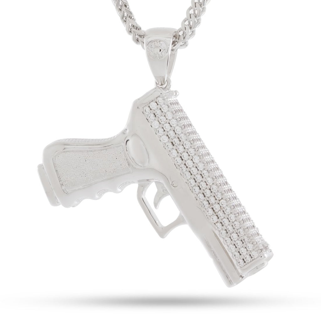 White Gold Iced Handgun Necklace NKX11565-SILVER