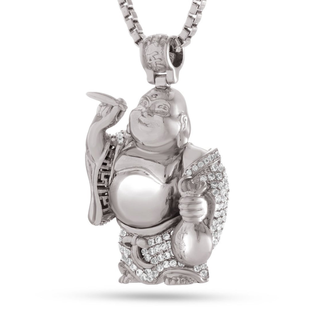 White Gold / M Iced Laughing Buddha Necklace NKX12413-Silver