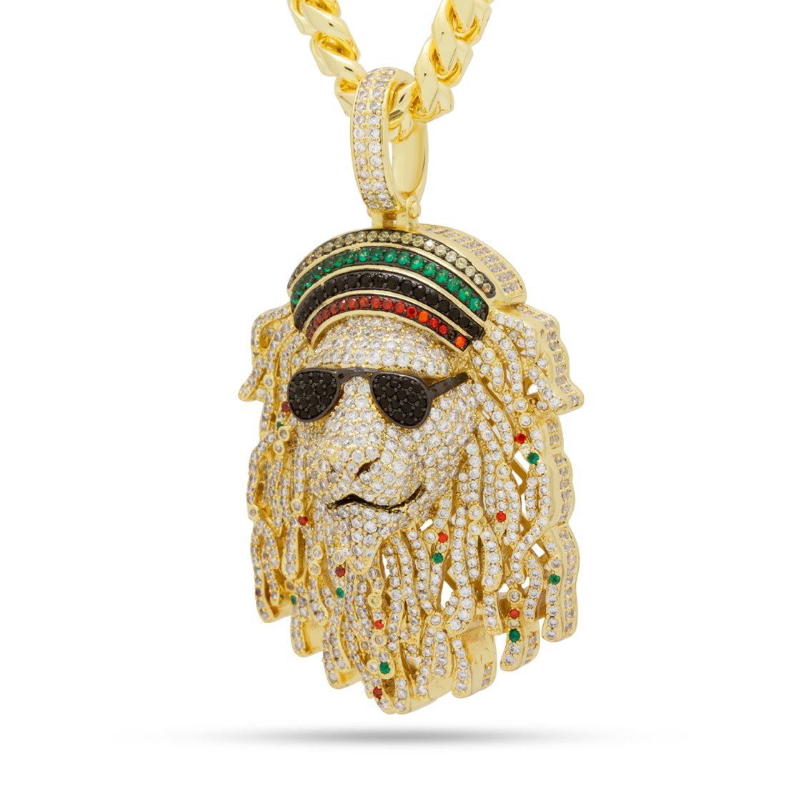 Icy Rasta Lion Necklace 14K Gold / 2.8"