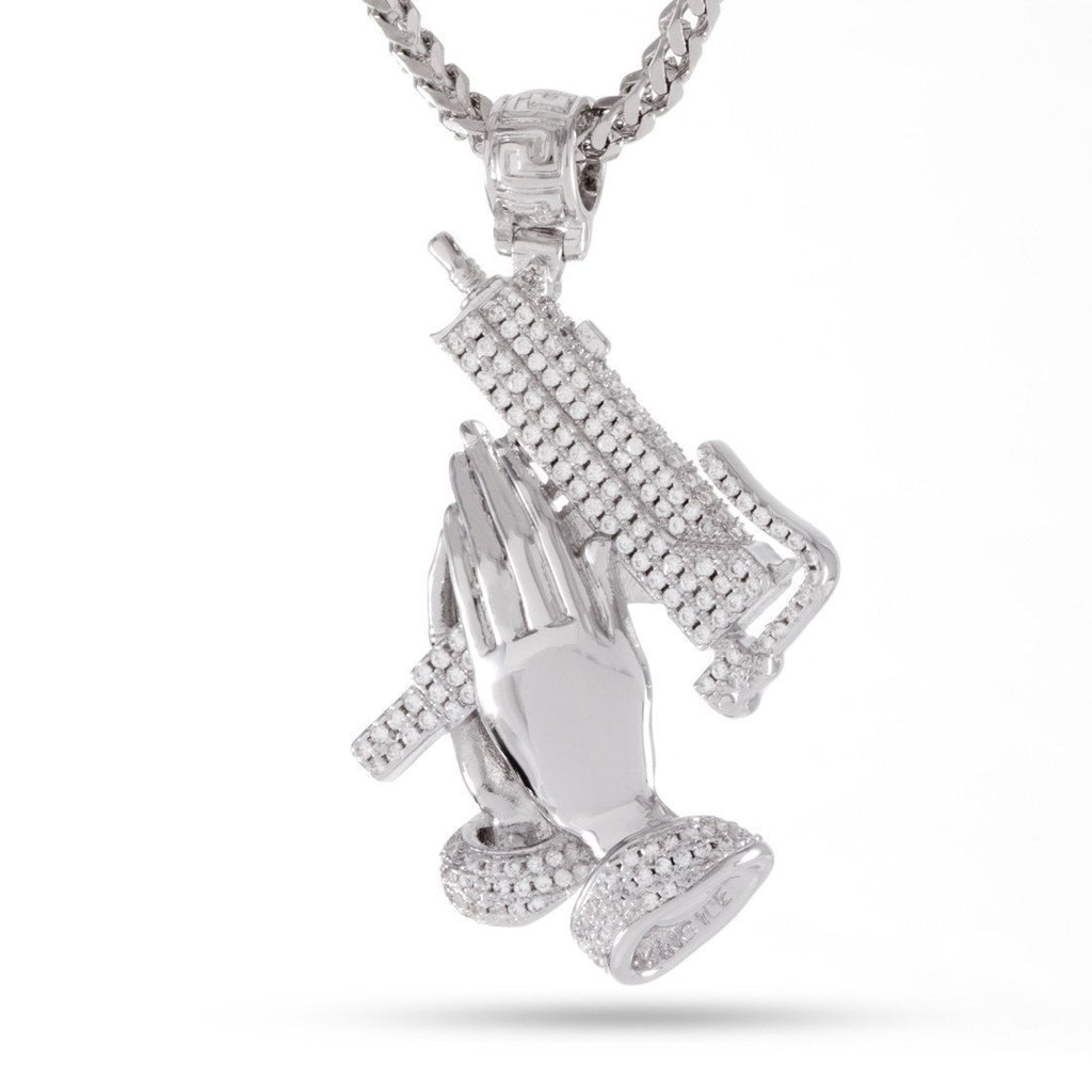 White Gold / 1.9" Praying Hands of Defense Necklace