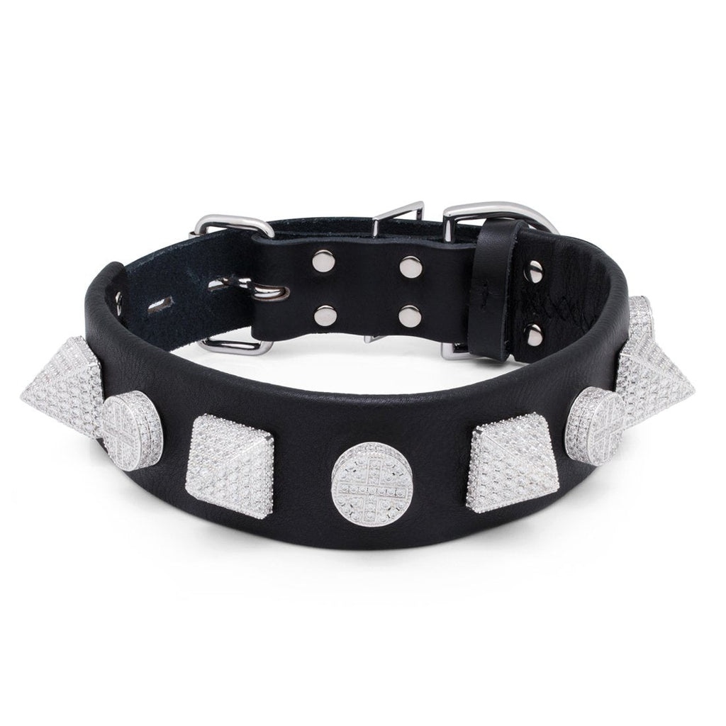 White Gold Pyramid Studded Collar & Leash ACX14030-Silver