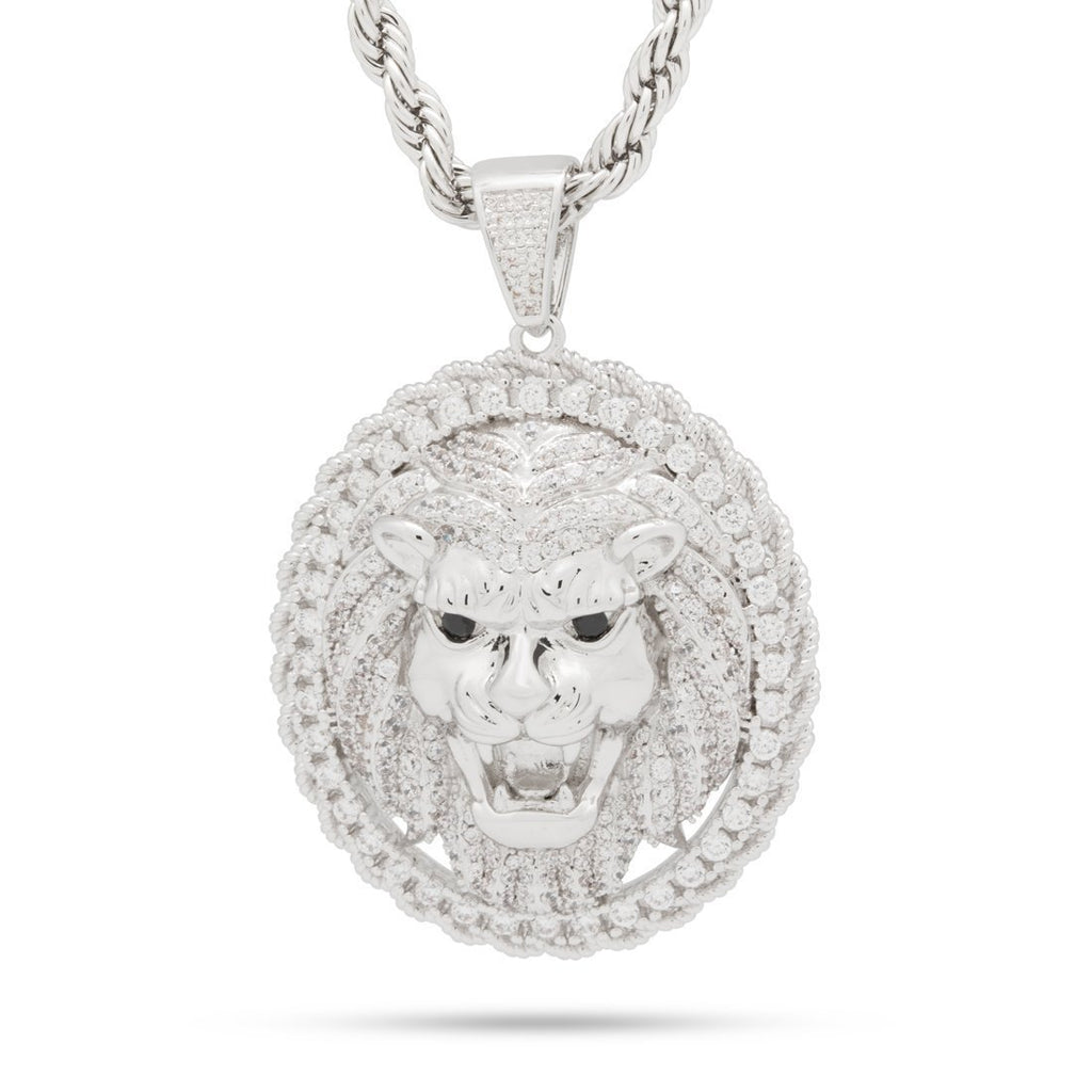 White Gold Roaring Lion Medallion Necklace NKX14003